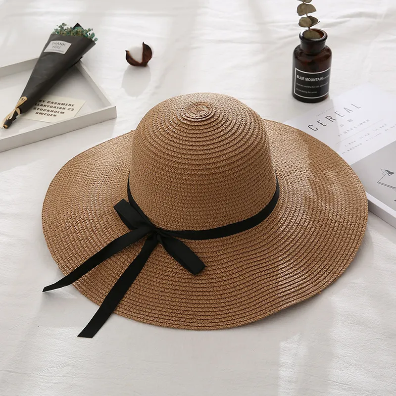 Women Summer Travel Beach UV Protection Bowknot Wide Brim Straw Hat Sun Cap UV Protection Bowknot Wide Brim Straw Hat Sun Cap - Ribbon Big Eaveskhaki