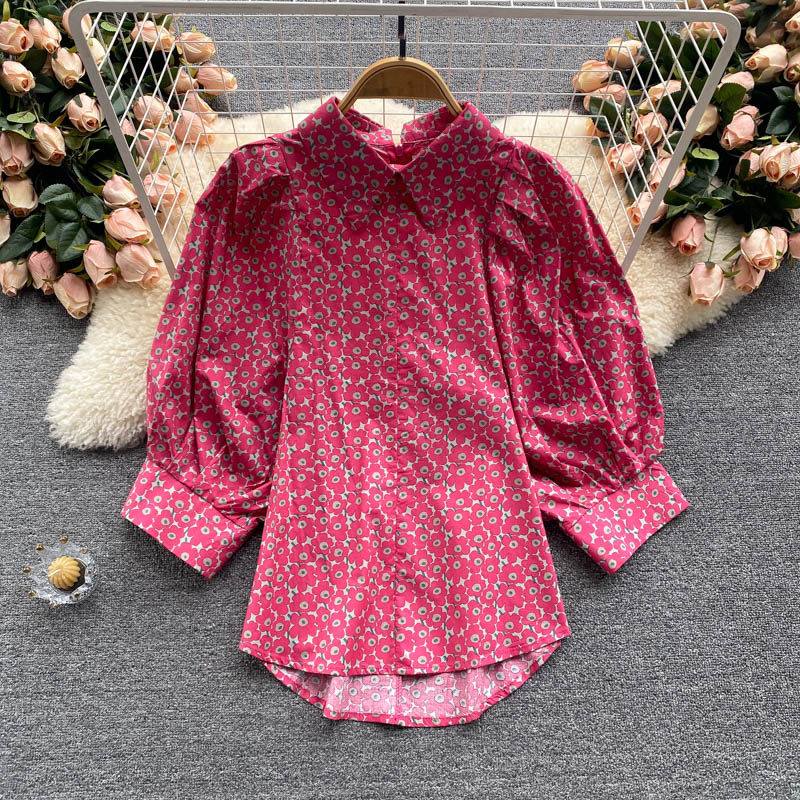 Floral Shirt Female Design Sense Niche Loose Puff Sleeve Top
