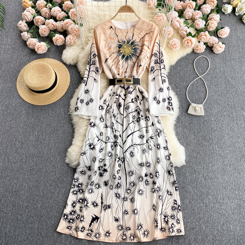 Palace Style Dress New Summer Dress Female Design Sense Niche Print Slim Mid-length Dress Skirt Trend
