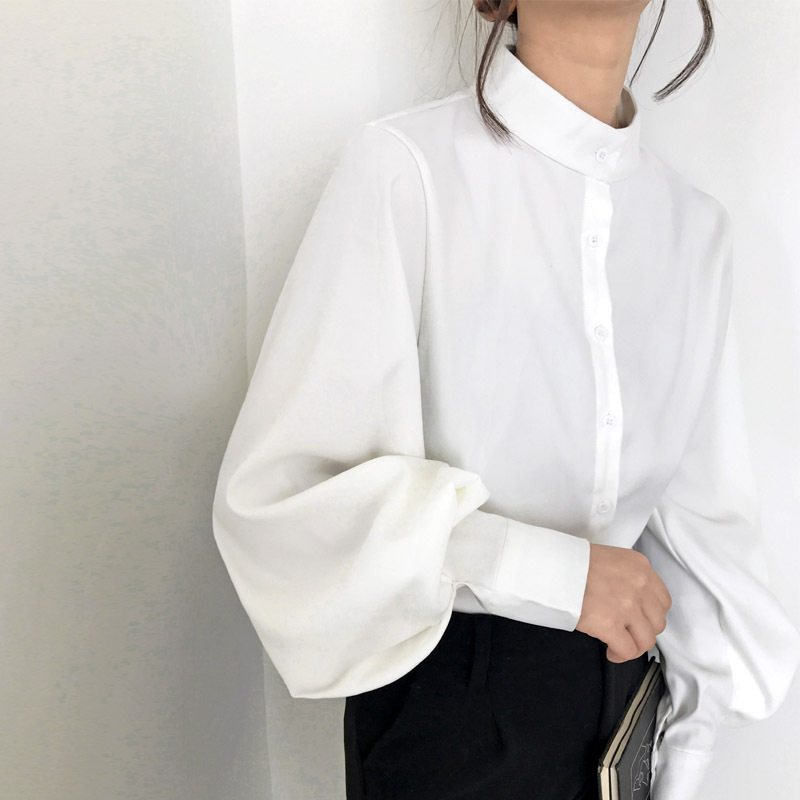 Women's Stand-Up Collar Shirt Lantern Sleeve Solid Color Shirt