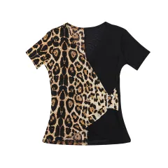 Summer Short Sleeve T Latin National Standard Dance V-Neck Top Leopard Print Sexy Friendship Modern Square Dance Shirt Training Suit - Leopard - View 1