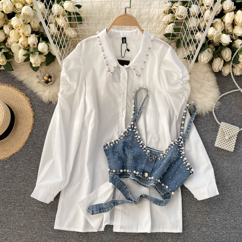Small Fragrance Lapel Beaded Shirt Stacking Bead Sling Waistcoat Chic Hong Kong Style Fashion Two-Piece Blouse Women
