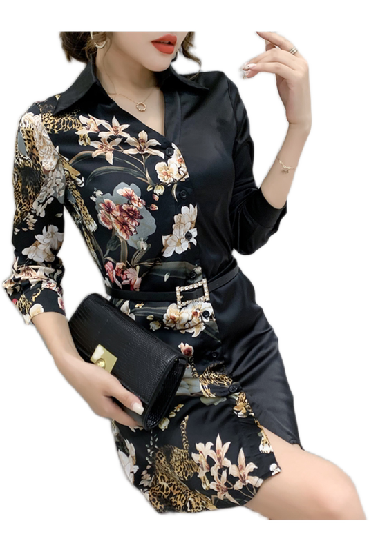  Spring And Autumn New Color Matching Western-Style Print Dress Niche Irregular Mid-Length All-Match Shirt Blouse