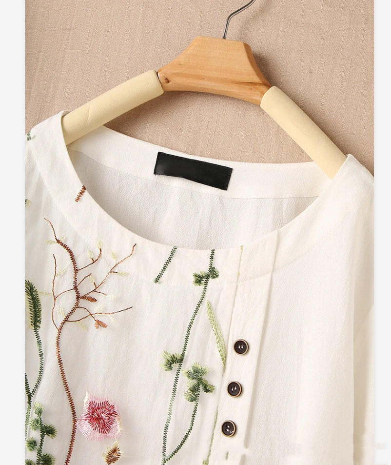 New Shirt Women's Loose Cotton And Linen Hedging Embroidery Round Neck Blouse