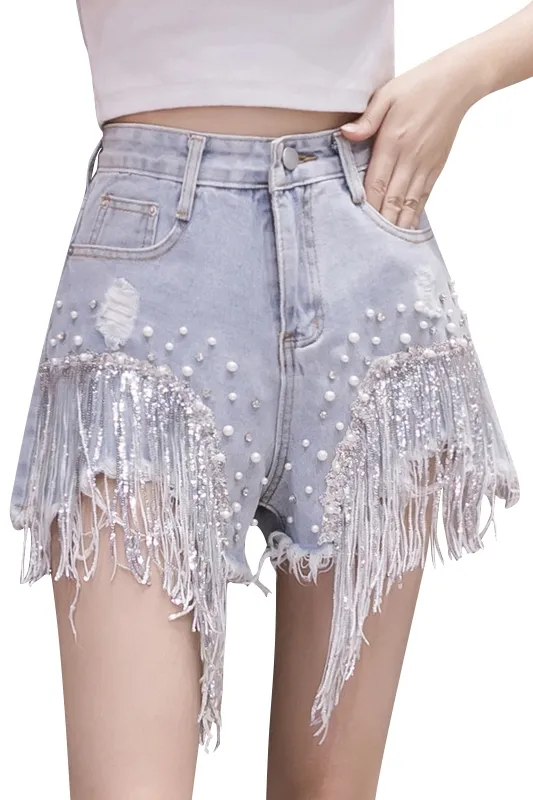 Diamond Fringed Denim Shorts Women's Summer Net Celebrity High Waisted A Line Wide Leg Pants Wearing Casual Hot Pants Blue - Shop at LoveMi