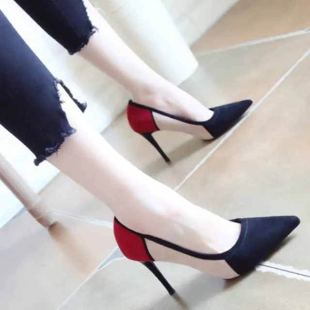 Pointed Toe Color Matching Party Shoes Stiletto Heels Black - Shop at LoveMi
