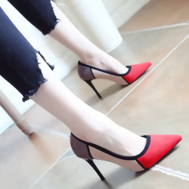 Pointed Toe Color Matching Party Shoes Stiletto Heels Red - Shop at LoveMi