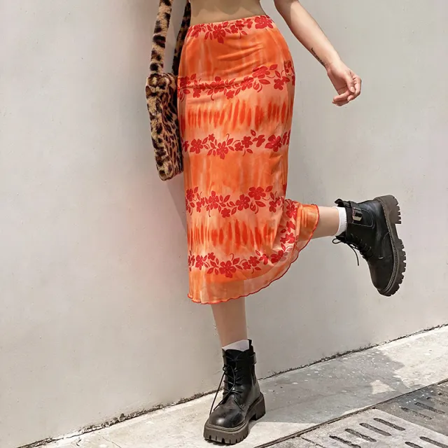 Fashion Trend High Waist Over The Knee Floral Contrast Print Skirt Orange - Shop at LoveMi
