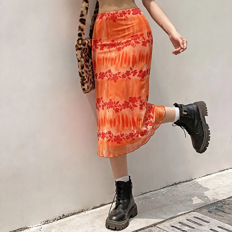 Fashion Trend High-Waist Over-The-Knee Floral Contrast Print Skirt - Orange