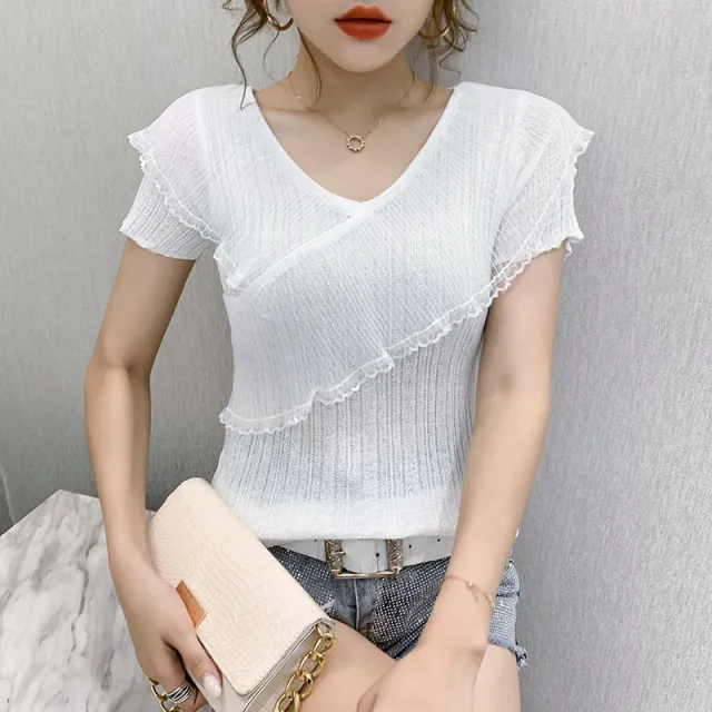 Short sleeved T shirt Women's Ruffled Ice Silk Knit Bottoming Shirt White - Shop at LoveMi
