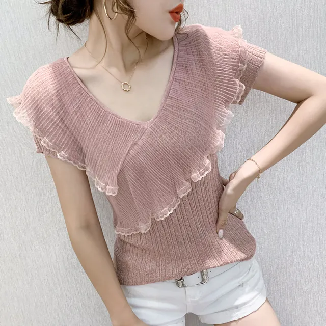 Short sleeved T shirt Women's Ruffled Ice Silk Knit Bottoming Shirt Pink - Shop at LoveMi