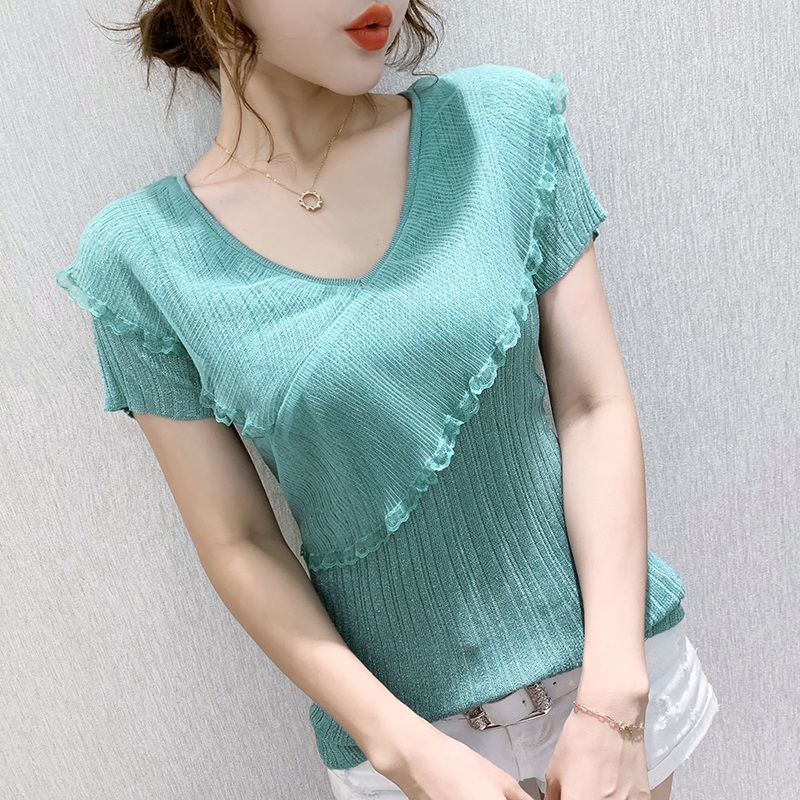 Short-sleeved T-shirt Women's Ruffled Ice Silk Knit Bottoming Shirt