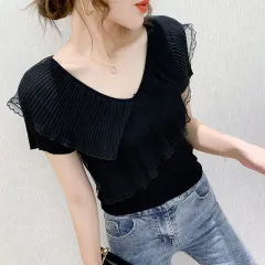 Short-sleeved T-shirt Women's Ruffled Ice Silk Knit Bottoming Shirt - Black - View 1