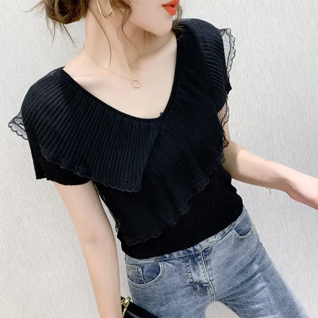 Short sleeved T shirt Women's Ruffled Ice Silk Knit Bottoming Shirt Black - Shop at LoveMi