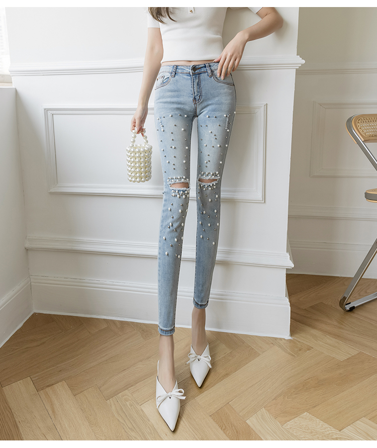 Light Color Retro Hole Beaded High Waist Cropped Pencil Pants