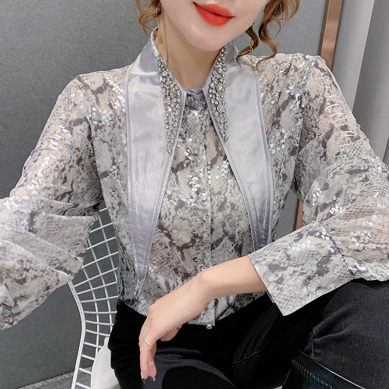 High-end Beaded Lapel Design Chiffon Shirt Western Style Retro Printing Long-sleeved Shirt Women