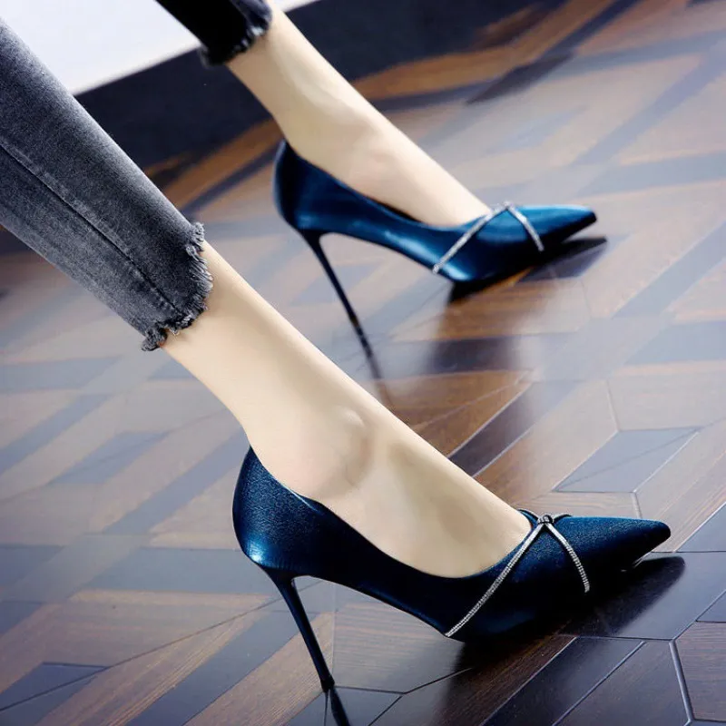 Women's Rhinestone Satin Pointed High Heels - Blue