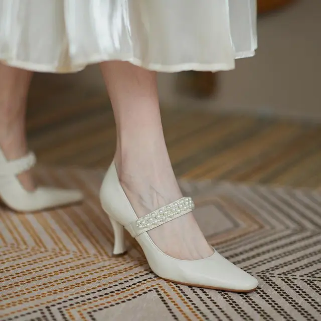 Temperament pointed toe single shoes women stiletto high heels women leather Cream - Shop at LoveMi