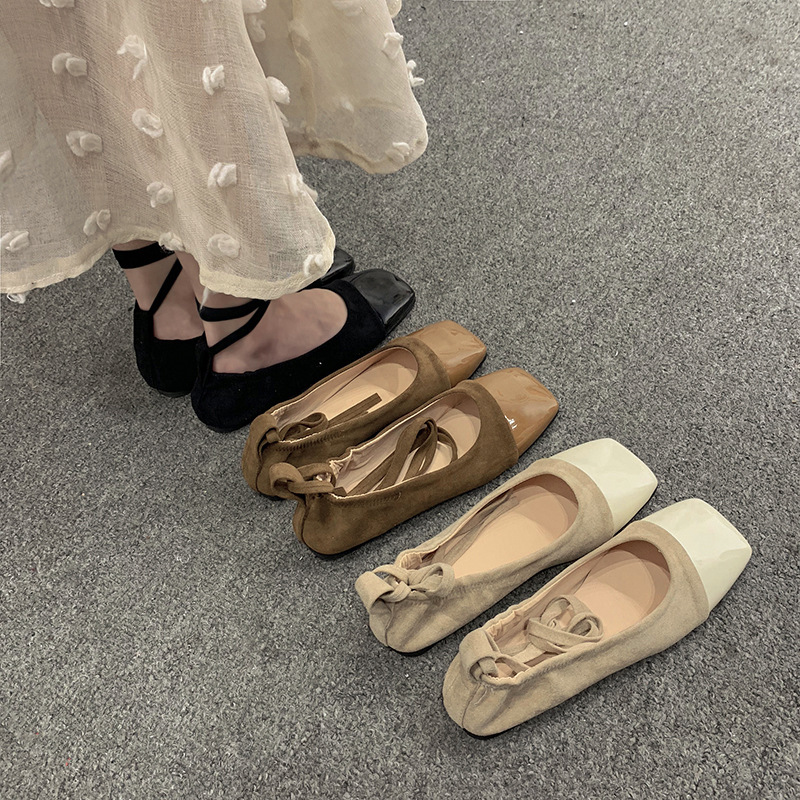 Square Toe Stitching Design, Cross Straps, Flat Bottom Low-top Shoes, Single Shoes