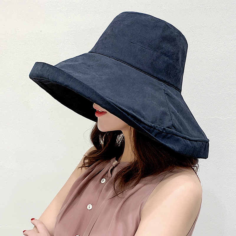 Cotton Linen Plaid Sun Hat Elegant Big Wide Brim Foldable Anti-UV