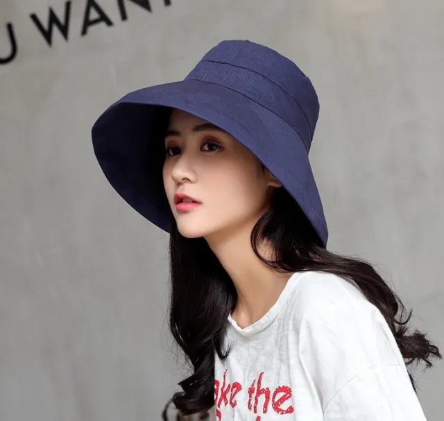 Cotton Linen Plaid Sun Hat Elegant Big Wide Brim Foldable Anti UV H - Shop at LoveMi