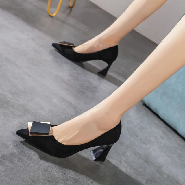 Net Celebrity Fairy Style Pointed Shallow Suede Square Buckle Professional Single Shoes Female OL Thick Heel High Heels Black - Shop at LoveMi