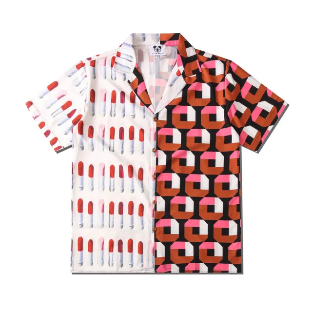 Short sleeved Shirt With Double Fun Print Hip hop Loose Hawaiian Couple Shirt Red - Shop at LoveMi