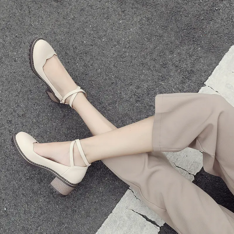 Shallow Mouth Spring And Autumn Shoes Ankle Cross Strap Slip-on Thick Heel Single Shoes