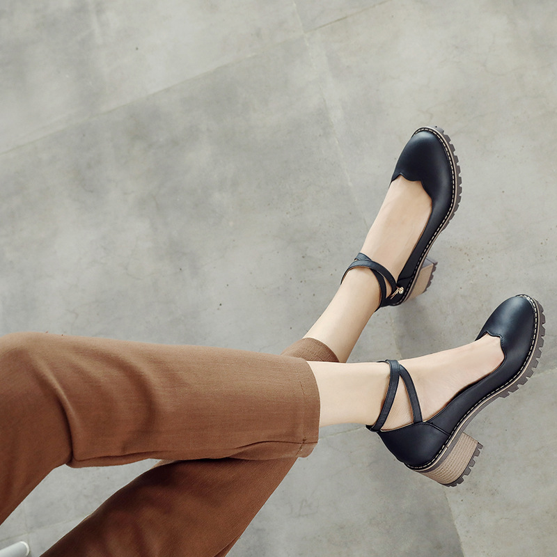 Shallow Mouth Spring And Autumn Shoes Ankle Cross Strap Slip-on Thick Heel Single Shoes