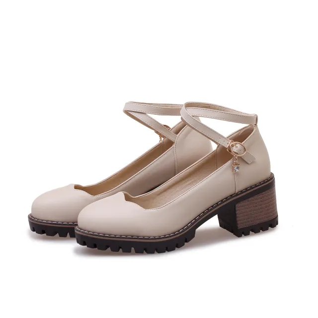 Shallow Mouth Spring And Autumn Shoes Ankle Cross Strap Slip on Thick Heel Single Shoes Apricot - Shop at LoveMi