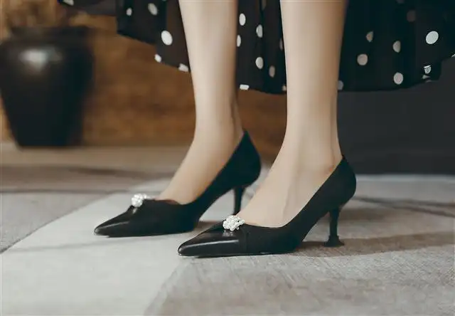 Pointed Toe Stiletto High Heels Leather Pearl Korean Style Simple Single Shoes Women