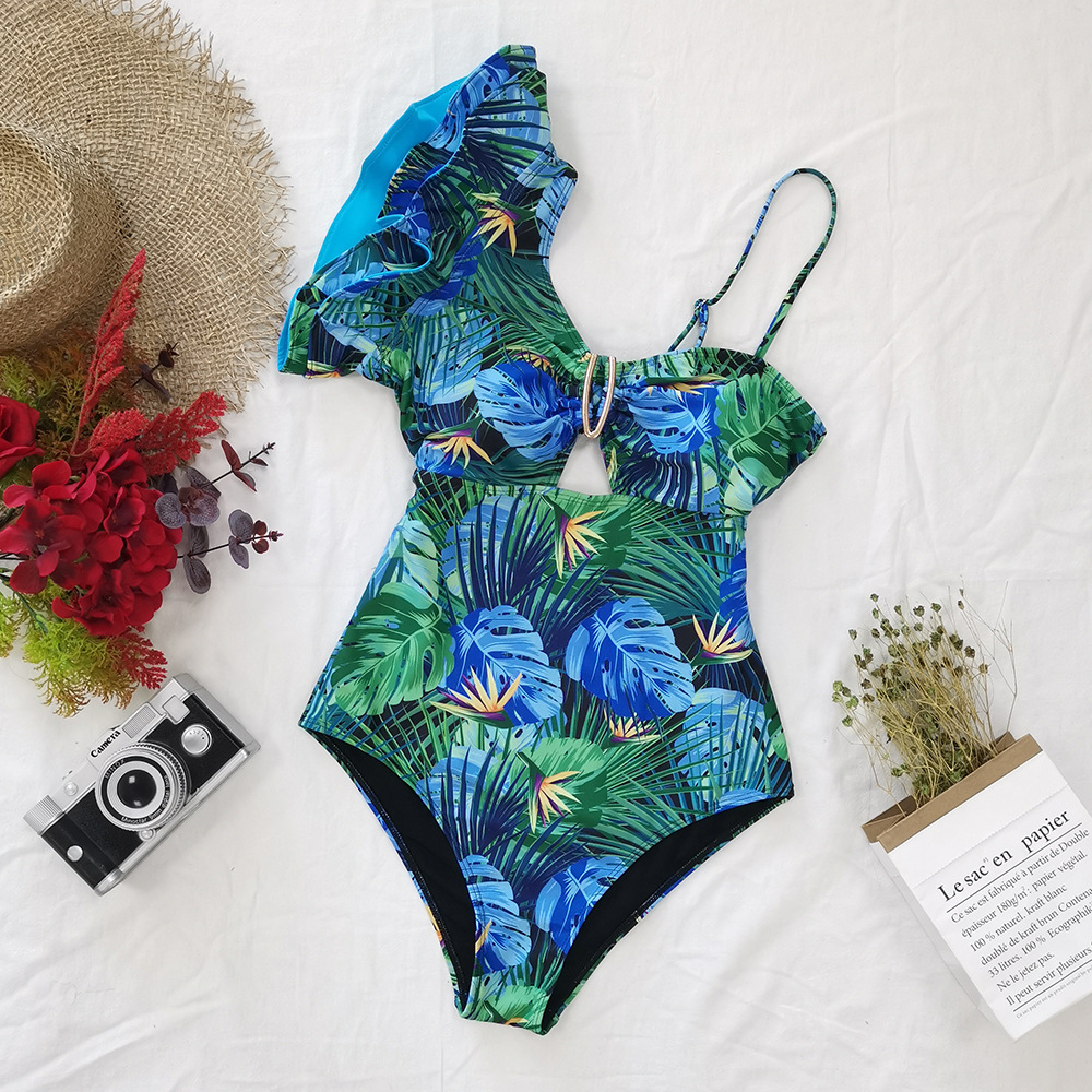 One-shoulder Big Lotus Leaf One-piece Swimsuit Hollow