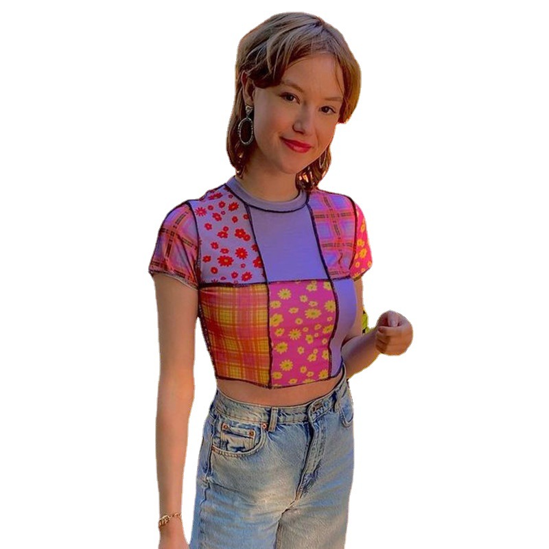 Anti-vehicle Stitching Contrast Color Slimming Short-sleeved T-shirt Top