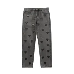 Love Embroidered Patch Loose Straight Center Men's And Women's Casual Pants - Black - View 1