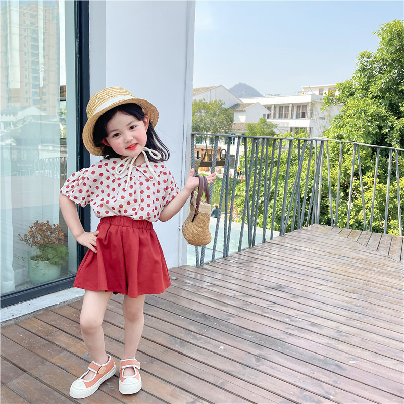  Girls Summer Net Girls Red Wind Cotton And Linen Polka Dot Baby Shirt Red Skirt Pants Two-piece Suit