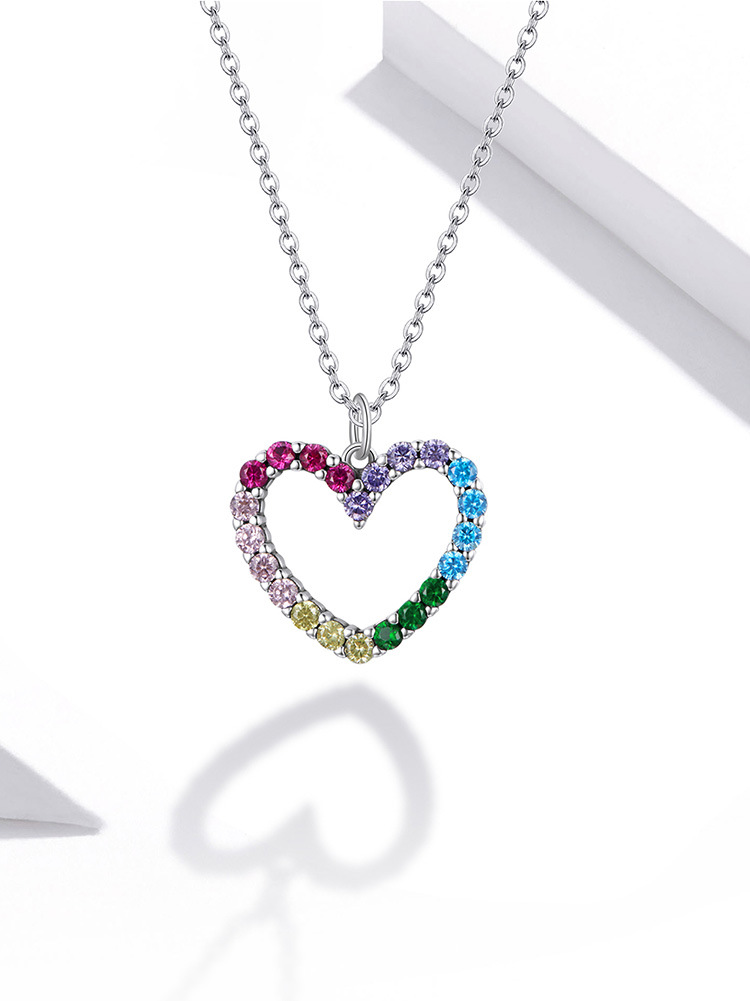bamoer 925 Sterling Silver Rainbow Colorful Heart Pattern Love Dazzling Zircon Necklace Chain Link for Women Jewelry SCN449