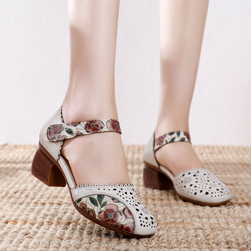 Leather Mid-Heel Hollow Sandals, picture 2 of 5