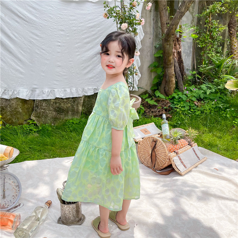 Bubble French Square Neck Back Deep V Bowknot Dress Princess Dress