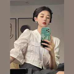 French Retro Floral Shirt Women's Sense Of Design Niche Summer New Temperament Bubble Sleeve Short Clothes - White - View 1
