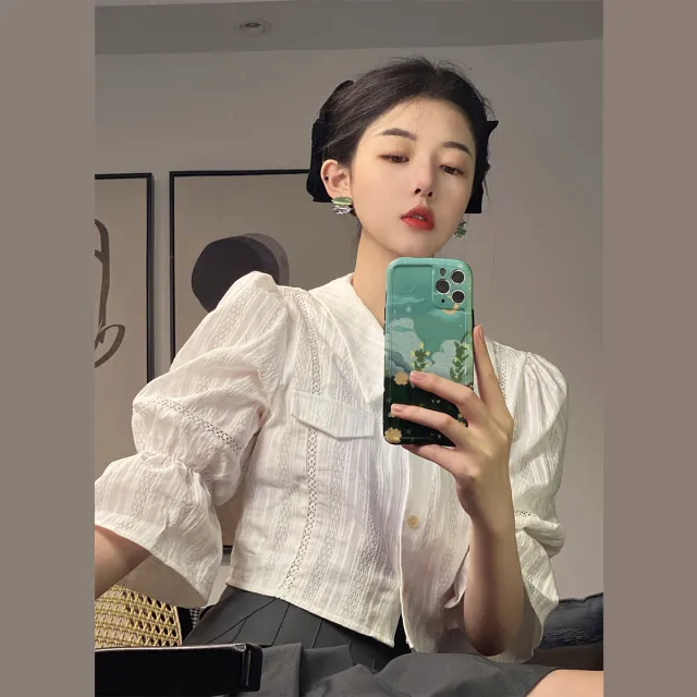 French Retro Floral Shirt Women's Sense Of Design Niche Summer New Temperament Bubble Sleeve Short Clothes White - Shop at LoveMi