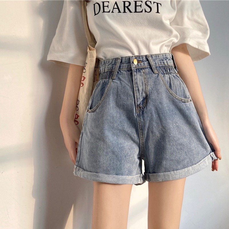 Denim Shorts Women's Trousers Wide-leg Pants Loose Straight-leg Curled A-line Pants