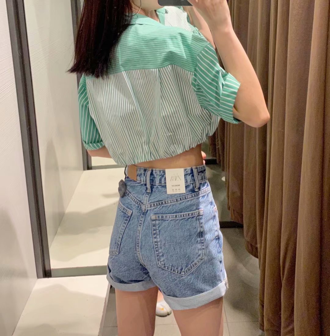 Stand-up Collar Green Striped Short-sleeved Lapel Shirt