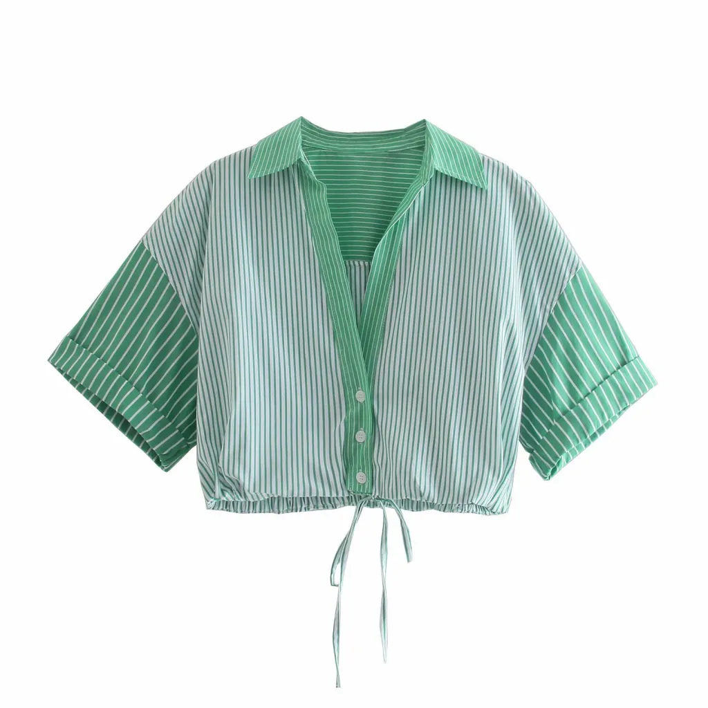 Stand-up Collar Green Striped Short-sleeved Lapel Shirt - Green
