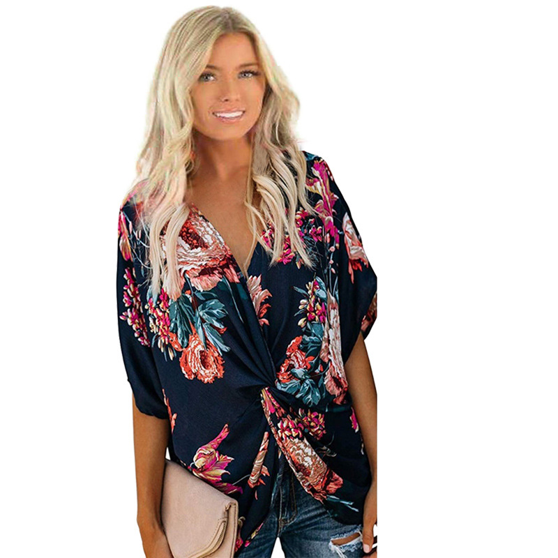 V-Neck Printed Twisted Bat Sleeves Irregular Hem Women's Clothing