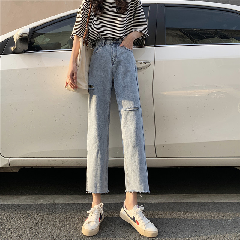 Women's Nine-point Raw Edge Light-colored Ripped Jeans