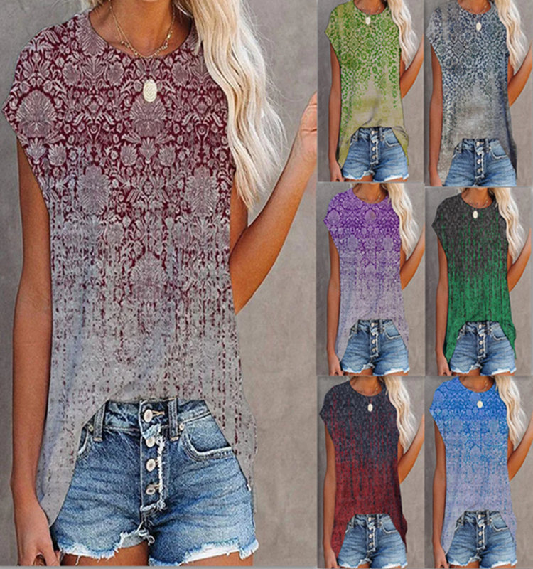 Summer New Style Gradient Retro Printing Short-Sleeved T-Shirt Ladies Casual Top