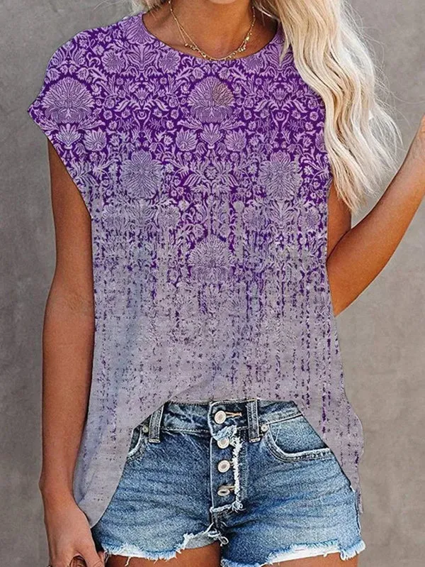 Summer New Style Gradient Retro Printing Short Sleeved T Shirt Ladies Casual Top Purple - Shop at LoveMi
