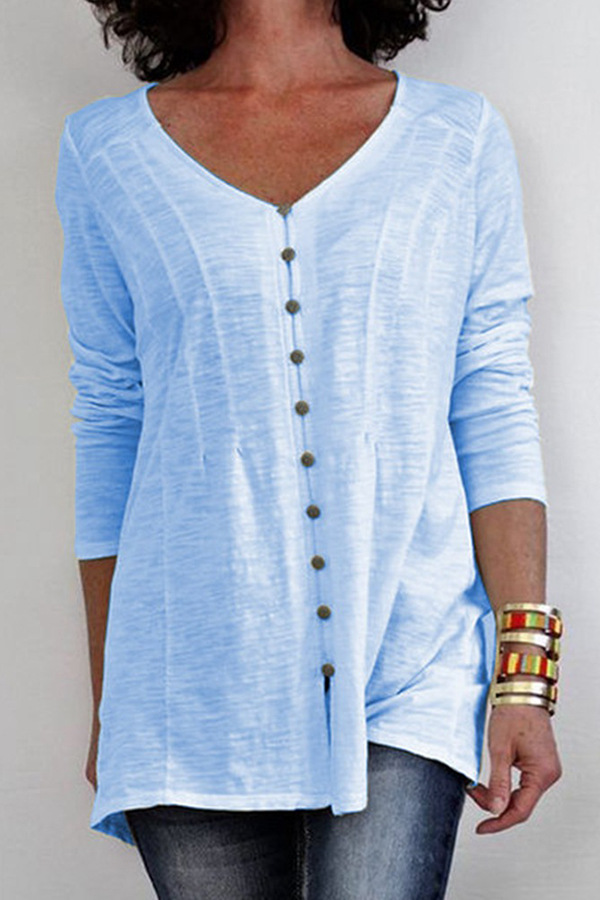 Women's Summer New Casual Solid Color V Neck Long-Sleeved Women's T-Shirt