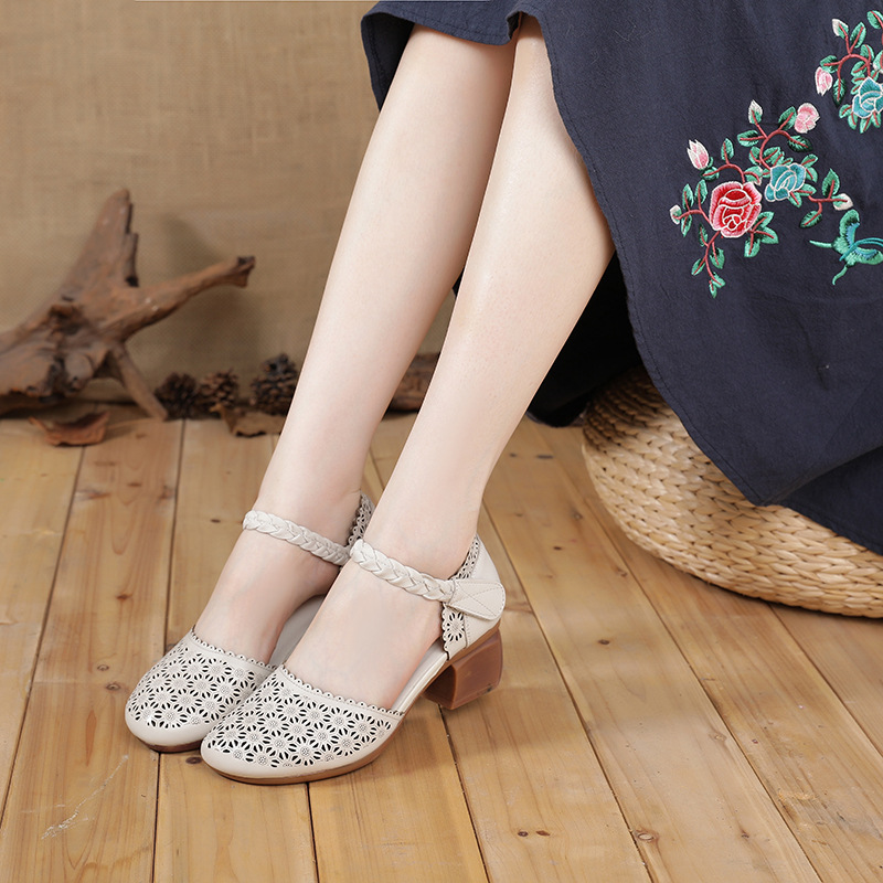 Fashion Ethnic Style Leather Mori Women's Shoes Thick Heel Hollow Toe Shoes