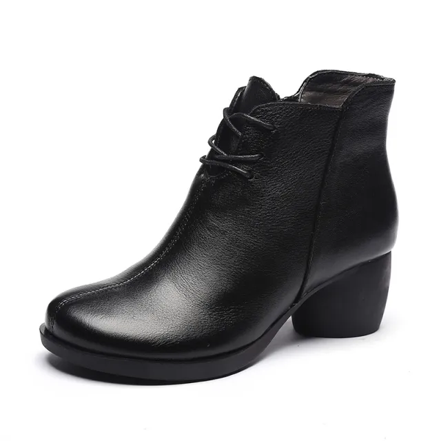 New Retro Leather Comfortable Thick Heel Women Boots High Heel Martin Boots Leather Boots Short Boots Women Black - Shop at LoveMi